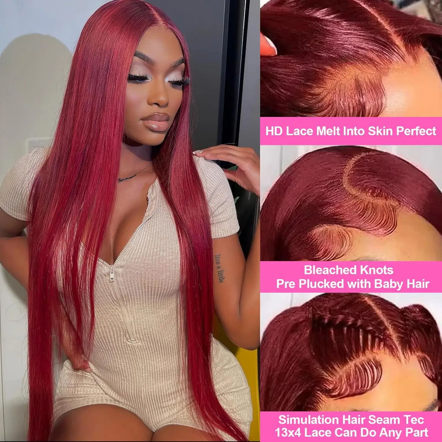 30 Inch 99j Burgundy Lace Front Wigs Human Hair Pre Plucked Straight 13x4 HD Lace Front Wigs 200 Density Baby Hair Around