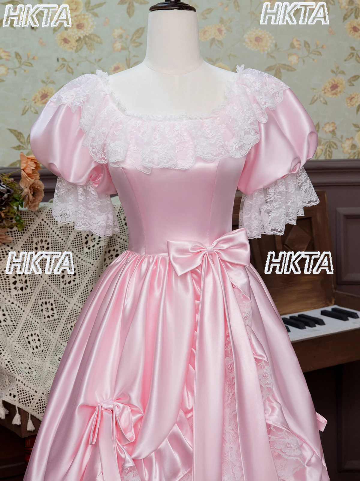 스위트 버블 보우 반팔 하이웨이스트 레이스 보우 웨딩드레스 신부 고급 롱 생일 연회 공주 드레스 여성용