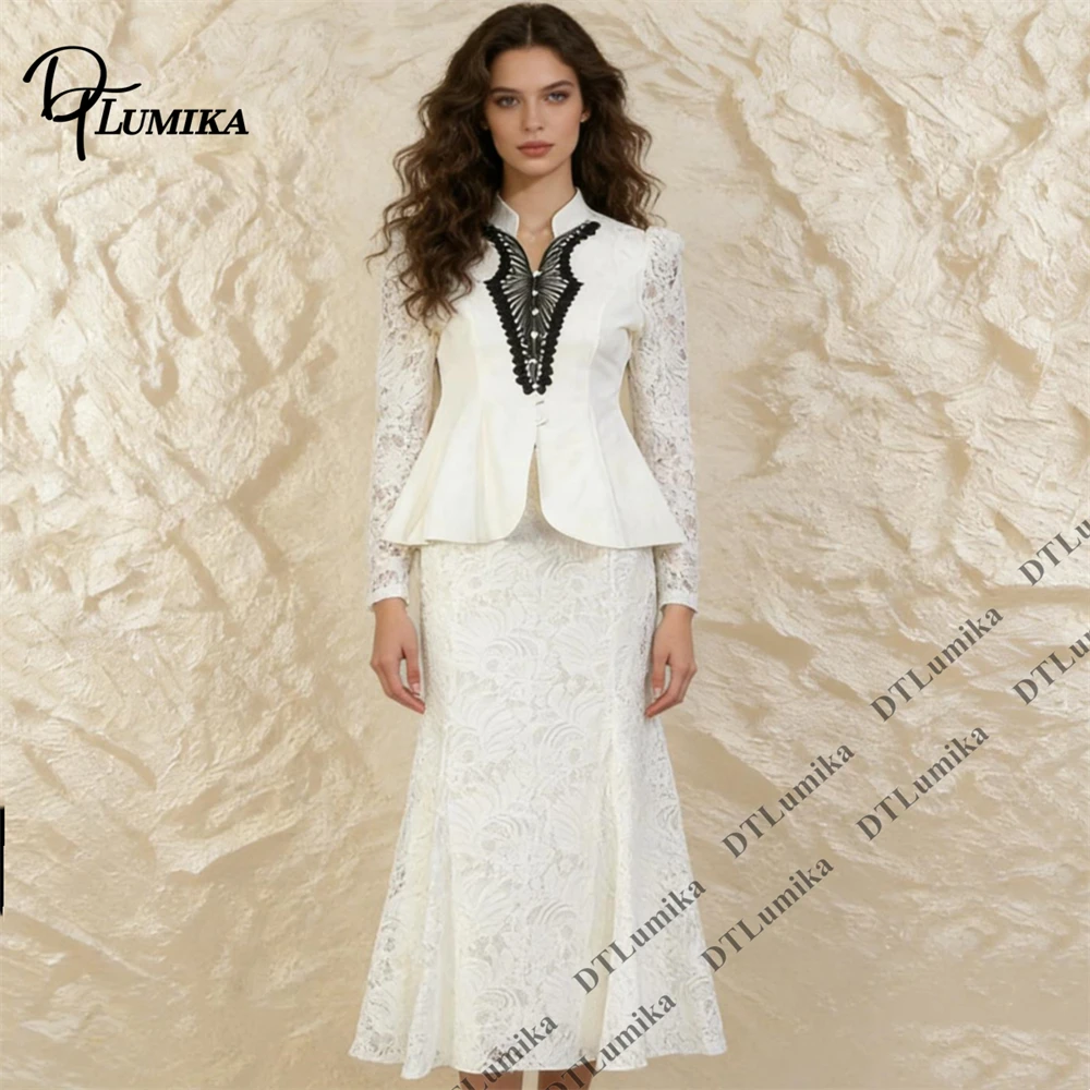 

Женский белый кружевной вечерний комплект из двух предметов с воротником-стойкой, черной вышивкой, болеро с длинными рукавами и юбкой-русалкой для свадьбы