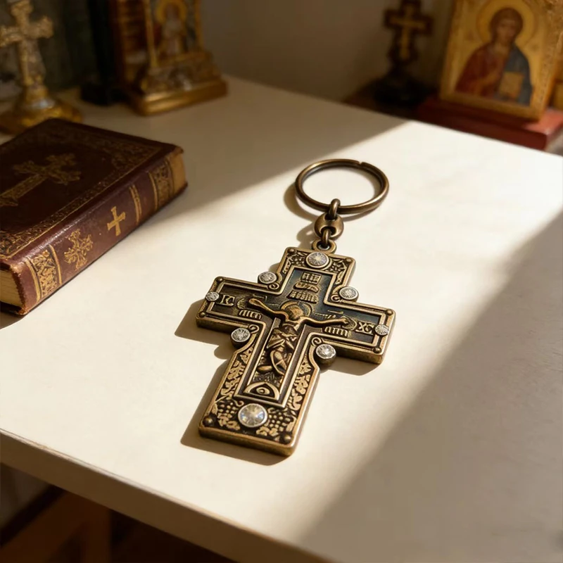 Byzantine Orthodox Cross Keychain Vintage Bronze Double Sided for Car Key Ring Religious Amulet Catholic Christian Faith Gift