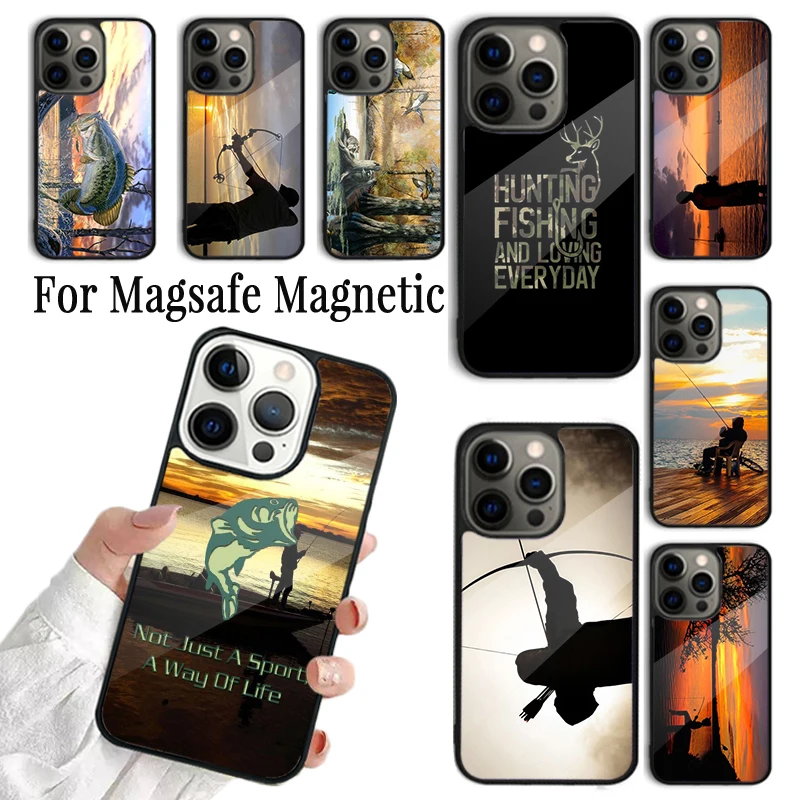 

Coque Phone Case For iPhone 16 15 14 13 12 Mini 11 Pro Max Plus Magsafe Magnetic Wireless Charging Cover hunting Fishing Sunset