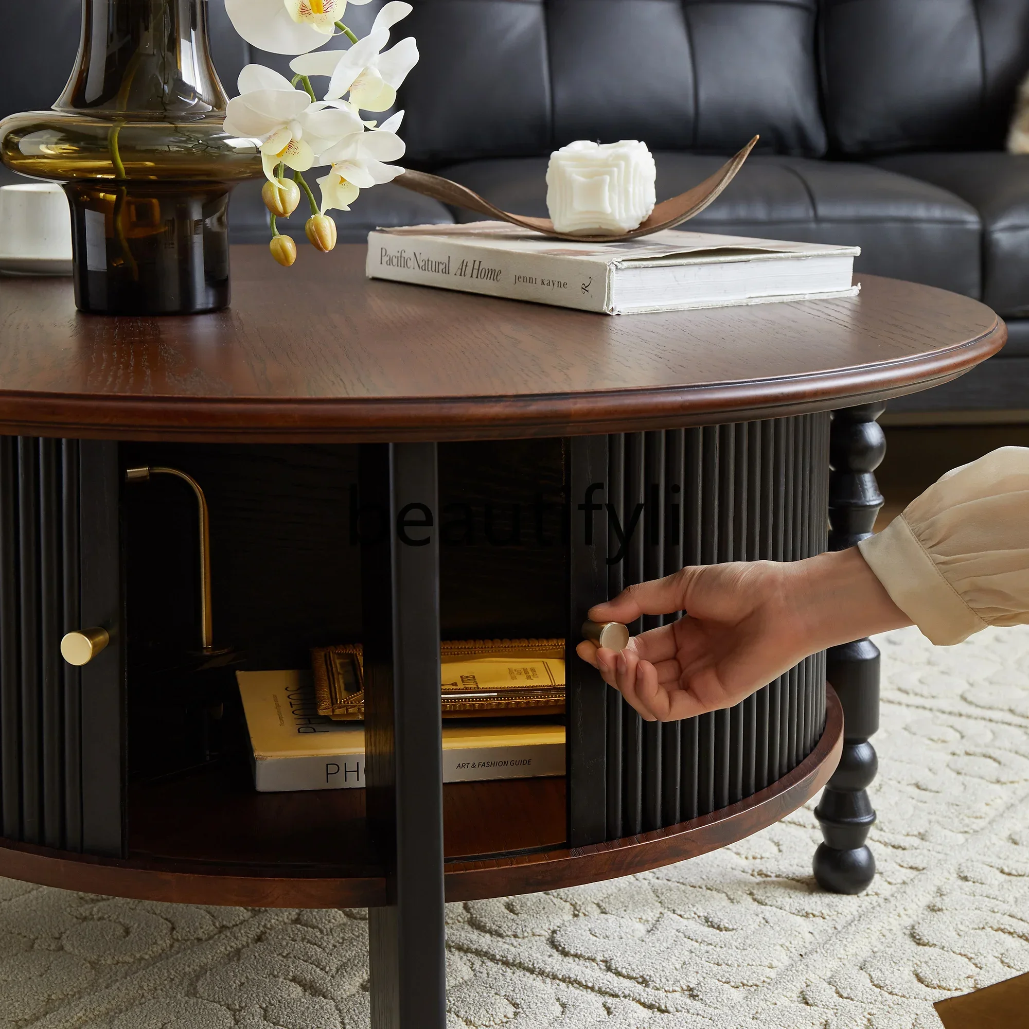 French retro solid wood coffee table round tea table combination medium and ancient style tea table