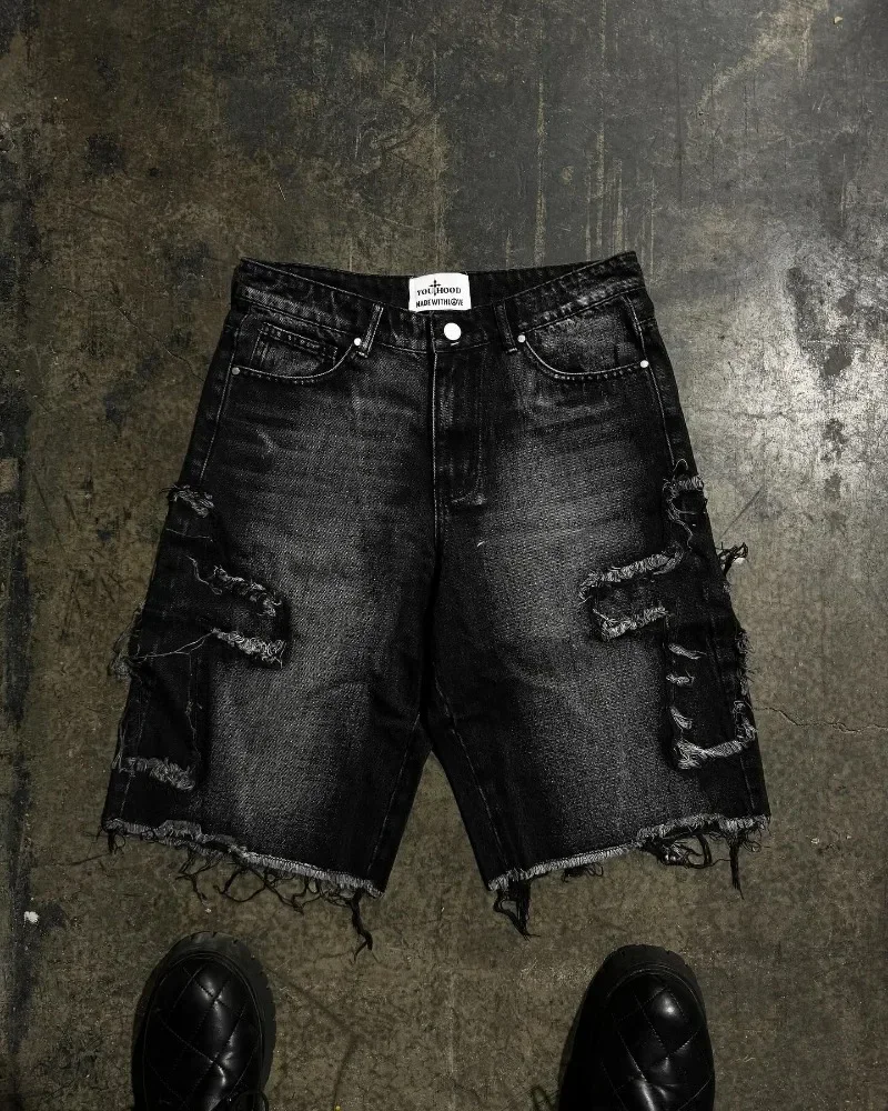 Hochwertige übergroße y2k Denim Cross Raw Edge Stickerei Design Shorts Herren Sommer Street Hip Hop Distressed gewaschene Jogging hose