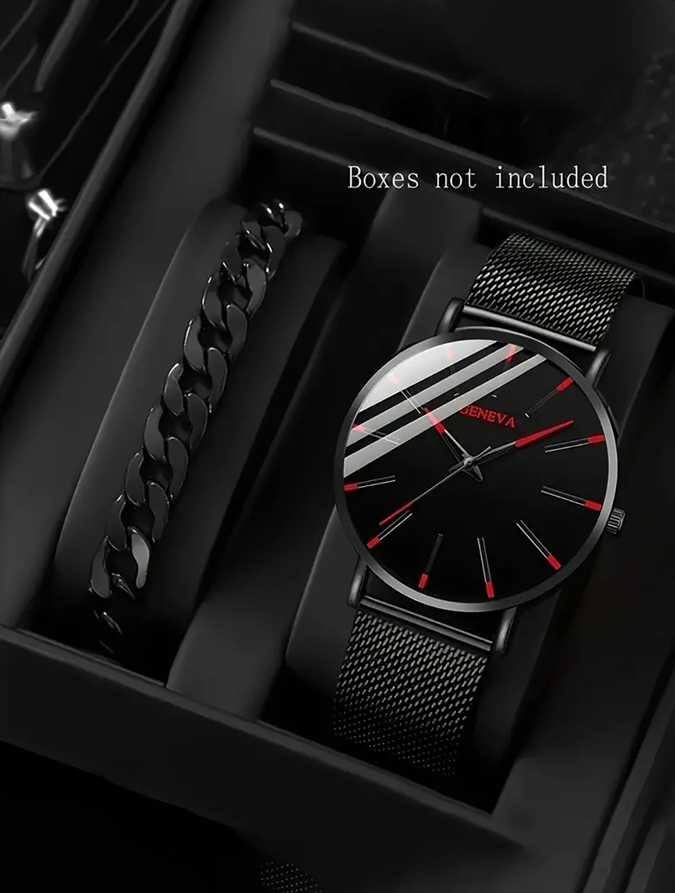 2PCS casual round zinc alloy case fashionable quartz watch men's black mesh band and matching bracelet set