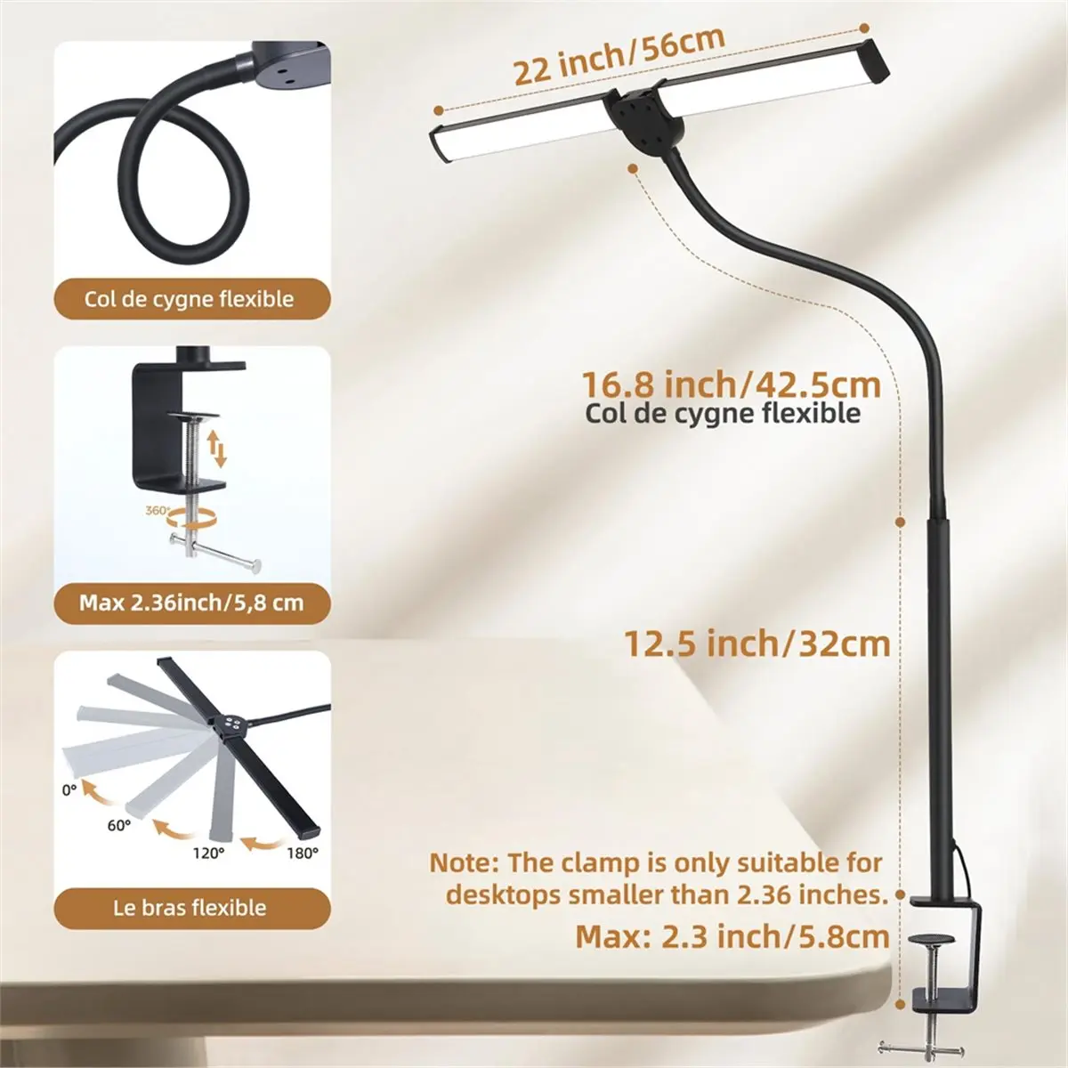 LED Desk Lamp with Clamp, Double Head Desk Light,Levels Clip-on Desk Lamp Eye-Caring Table Lamp, Monitor Light