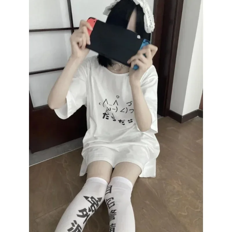Camiseta holgada y bonita de estética Y2k para mujer camisetas informales con cuello redondo de dibujos animados japoneses