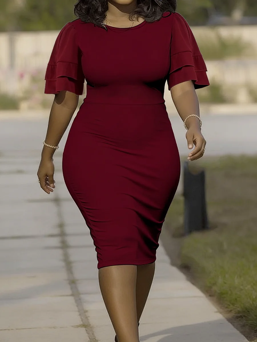 

Plus Size Women's Dress Crew Neck Double Ruffle Sleeve Solid Bodycon Midi Dress Elegant Spring Summer Chic Daily Stretchy Dress