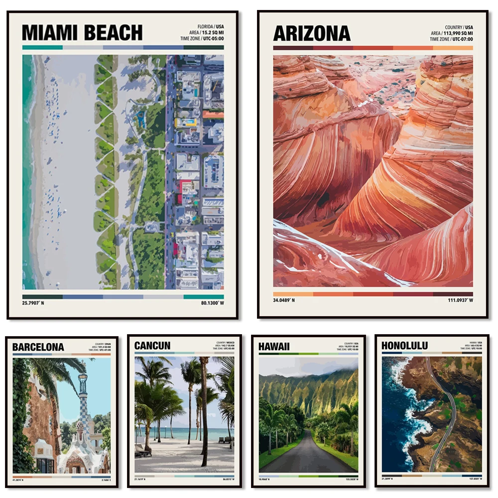Barcelona, ​​Hawaii, Honolulu, Venice Beach, Shibuya Crossing, Miami Beach, Cancun (Mexico), Arizona travel posters