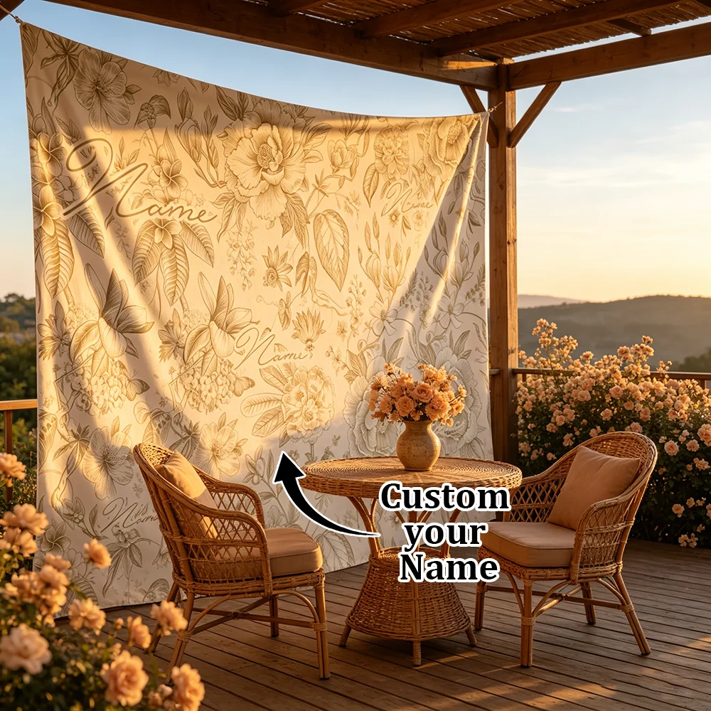 1PC Personalized Beige Vintage Floral Sketch Tapestry Custom Name Toile De Jouy Botanical Wall Hanging Bedroom Aesthetic Decor