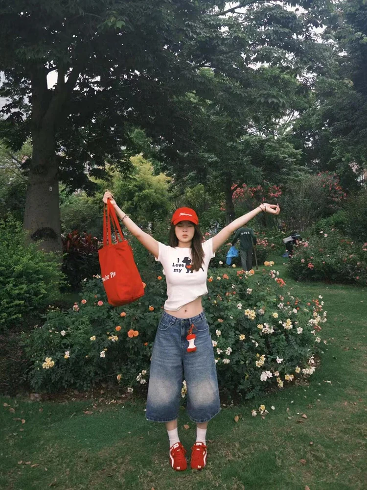 Calças Curtas de Denim Retro Americano de Cintura Alta, Corte Solto e Reto, Calças de Verão Finas de Perna Larga, Casual e Ch...