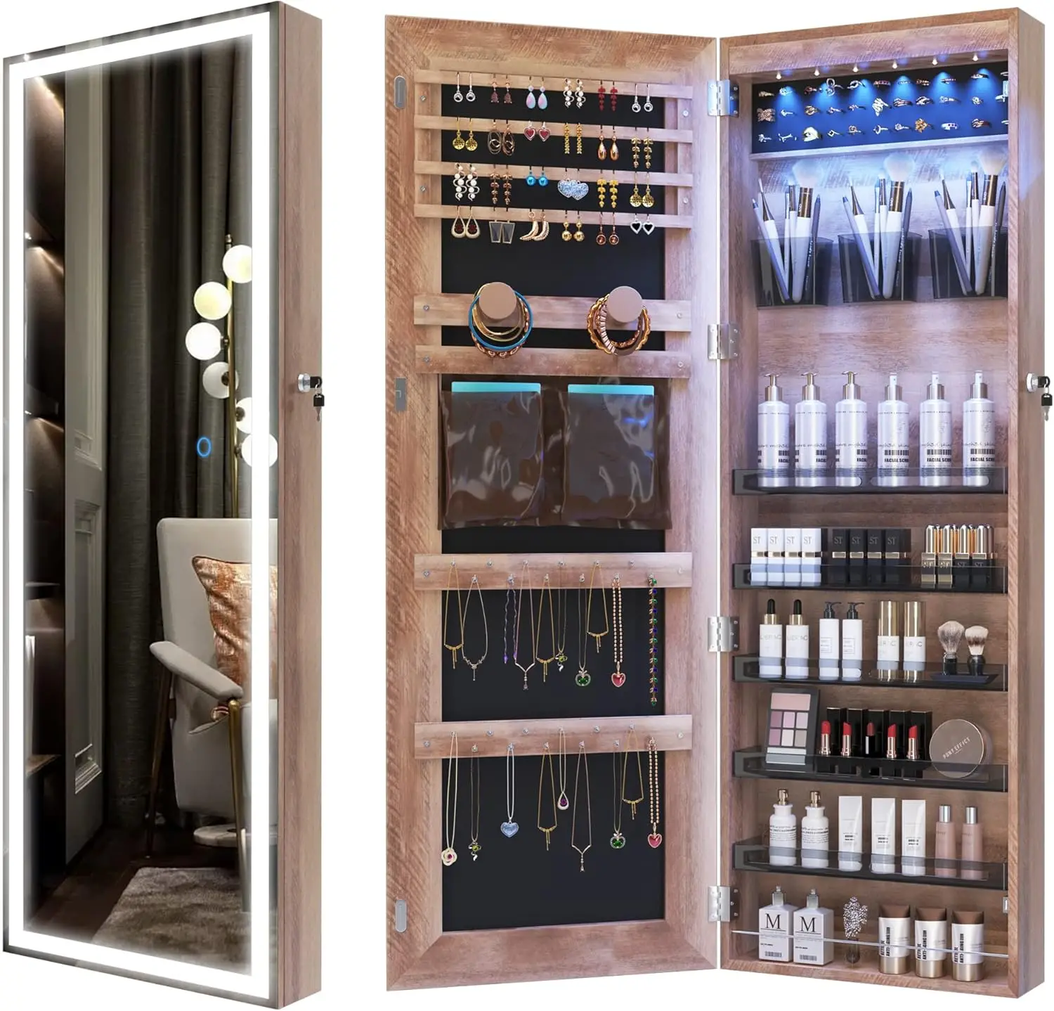 LED Jewelry Mirror Cabinet, Wall/Door Mounted Full Length Mirror with Lights, Lockable Jewelry Storage Armoire Organizer