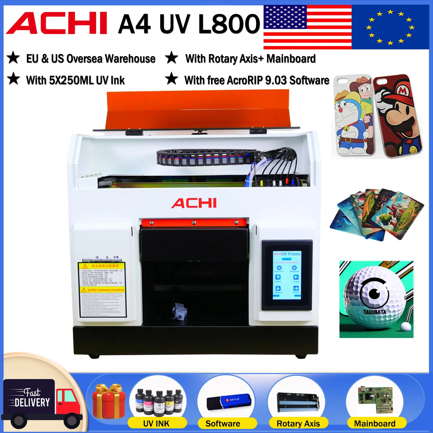 EU STOCK ACHI A4 UV Printer L800 For Flat Printed Phone Case Embossed Metal Acrylic Bottle Cylinder Embossed Printing US STOCK