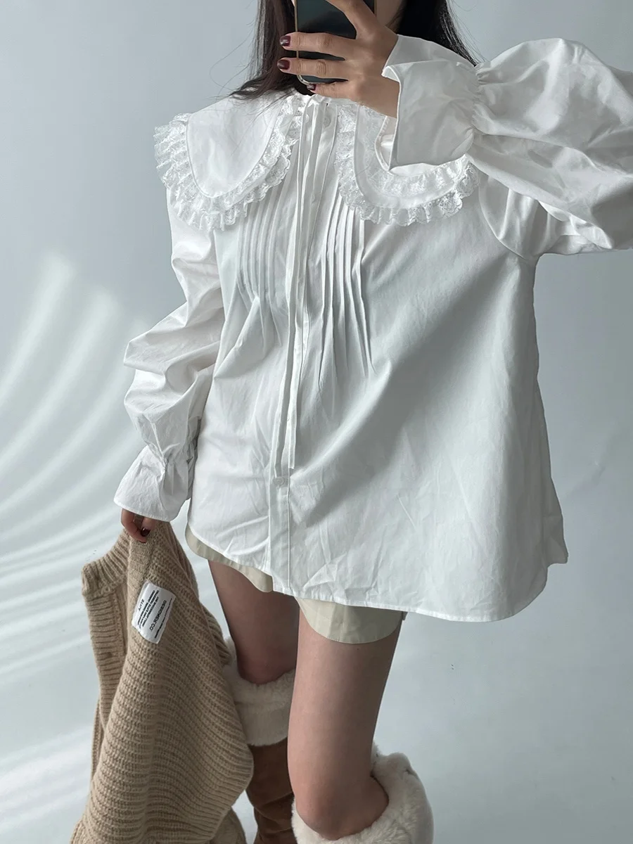 

Lace Trim Doll Collar irt Women Loose Slimming Pleated Belted Large Collar Bell Sve Top Cotton Long Sve Commute Sle