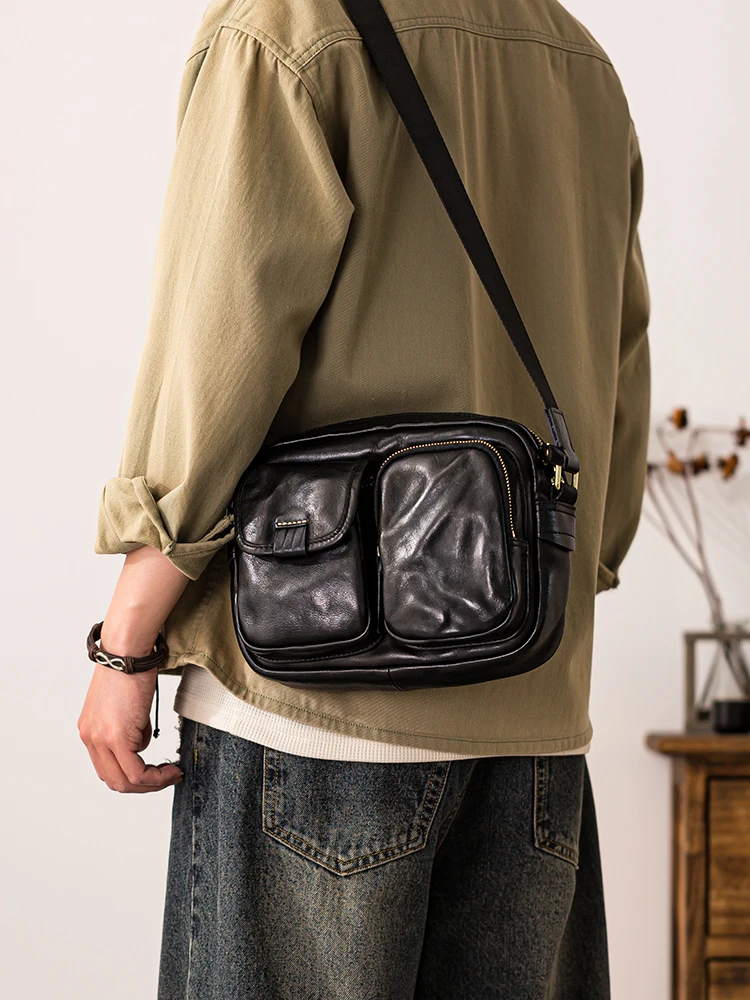 Fashion casual designers handmade high-quality genuine leather men's black shoulder bag outdoor daily cow leather crossbody bag