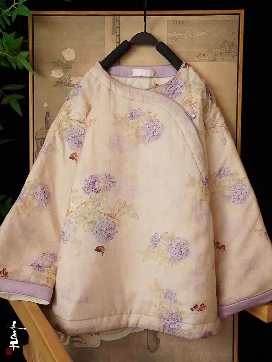 

New Chinese Sle round Ne Cotton Jaet 2026 Autumn Winter New Retro Print Flax Cotton Ladies Filled Tang Costume Top