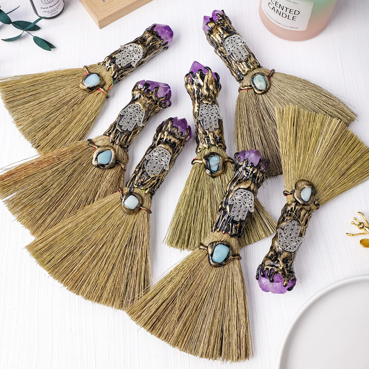 1PC Natural Crystal Amethyst bud Broom Gem Crafts Home Decoration Handmade Broom stick Divination Cleansing Home Decor