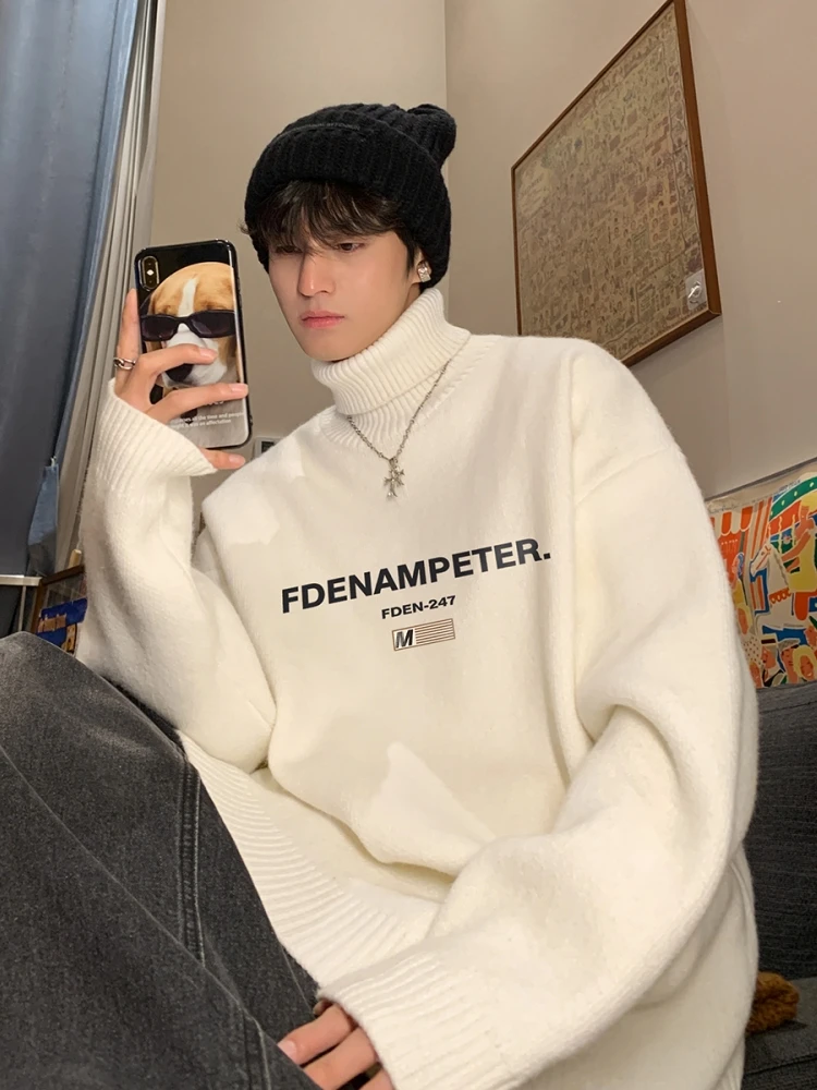 

Мужской вязаный свитер с флисовой подкладкой, теплый, с высоким воротником, свободного кроя, в американском ретро-стиле, с длинными рукавами, повседневный