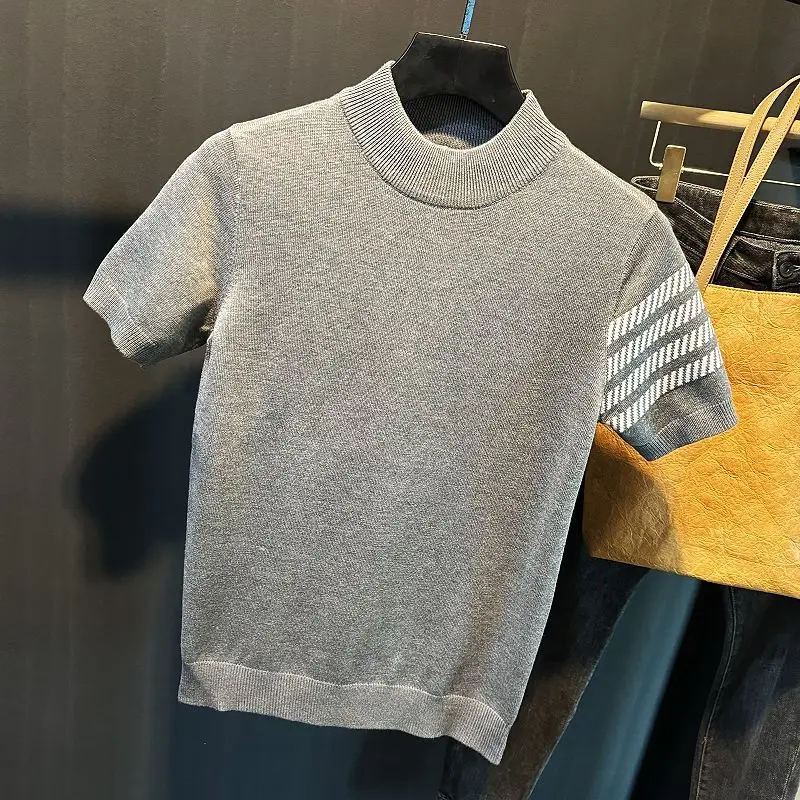 Men's Short-sleeved Sweater Slim and Simple Knitted Sweater Half Turtle Neck Jacquard Casual Thickened Base Shirt