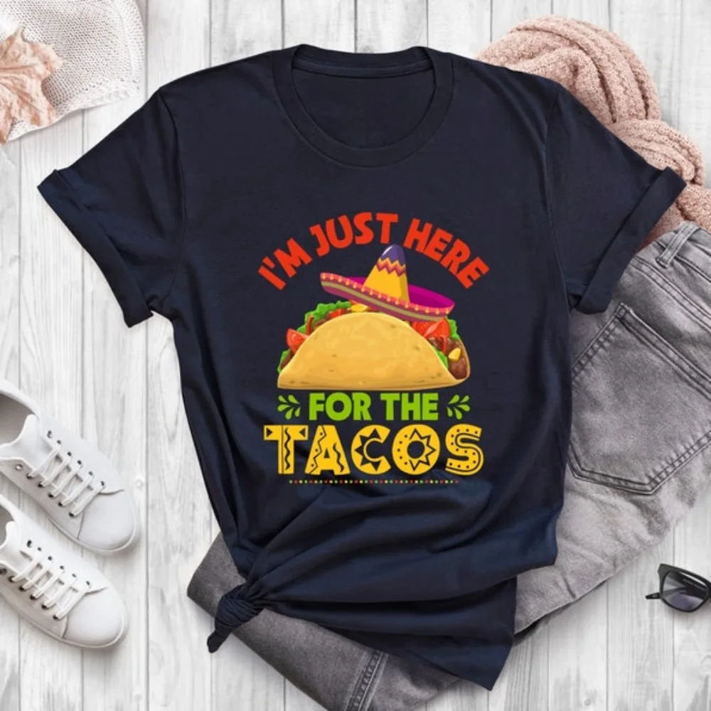 I'm Just Here for The Tacos T Shirt Funny Taco Graphic Crewneck Tee Taco Birthday Party Cotton Tops for Foodie Gifts for Mexican