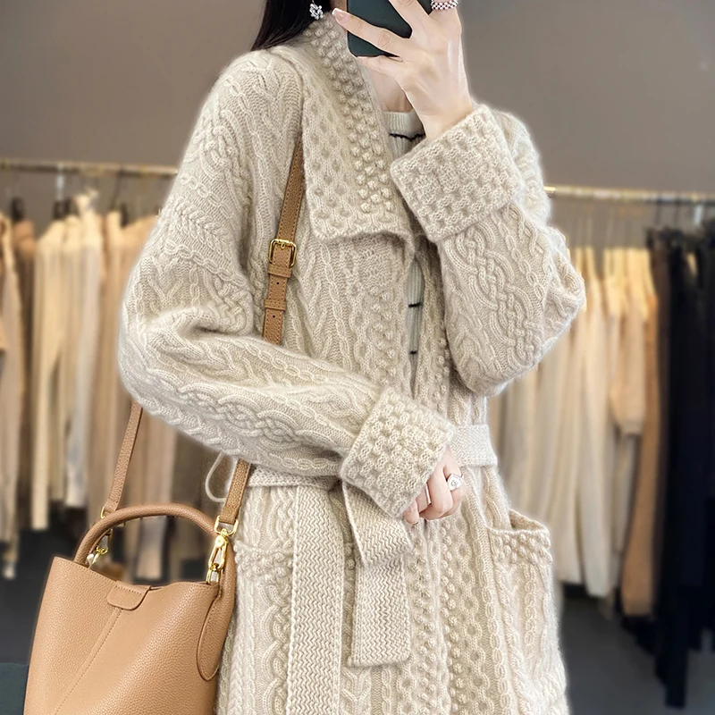 Heavy thick women\'s cardigan cardigan lapel solid color sweater mid-length sweater with sweater new autumn and winter wool coat