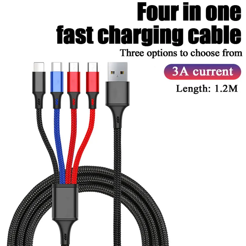 

4 in 1 Fast Charging Cable 3A USB Cable USB A To Micro Type C for iPhone 15 14 13por 3 in 1 Samsung Huawei Xiaomi Quick Charger