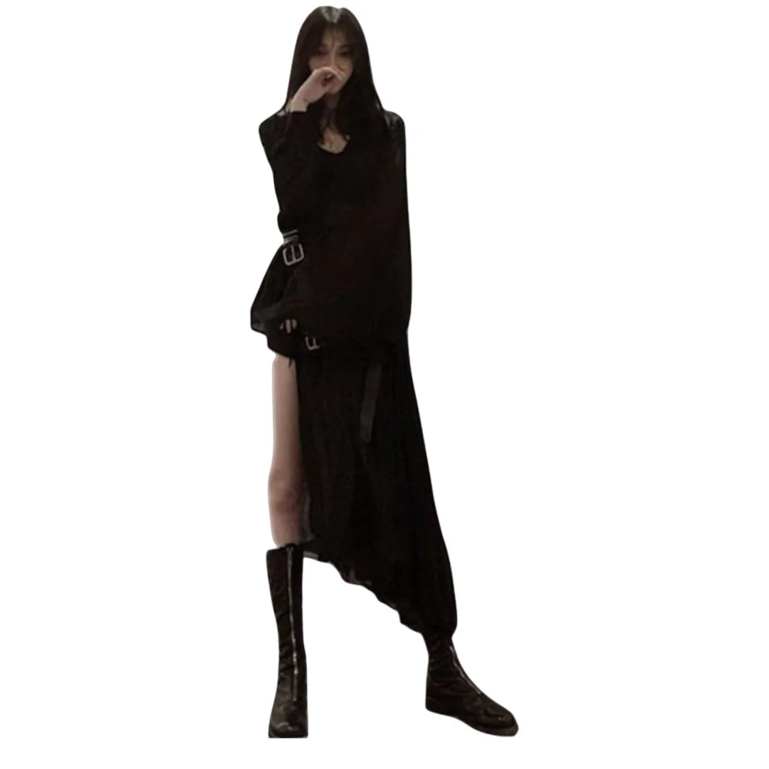 Verão sexy fada como camisa vestido feminino escuro irregular decote em v designer chiffon blusa magro encaixe comprimento médio