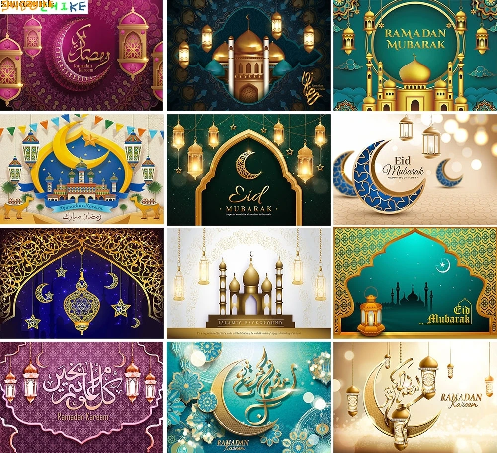 

Ramadan Eid Kareem Mubarak Islamic New Year Moon Lanterns Background Arabic Palace Candles Mosque Photography Backdrops EI-09