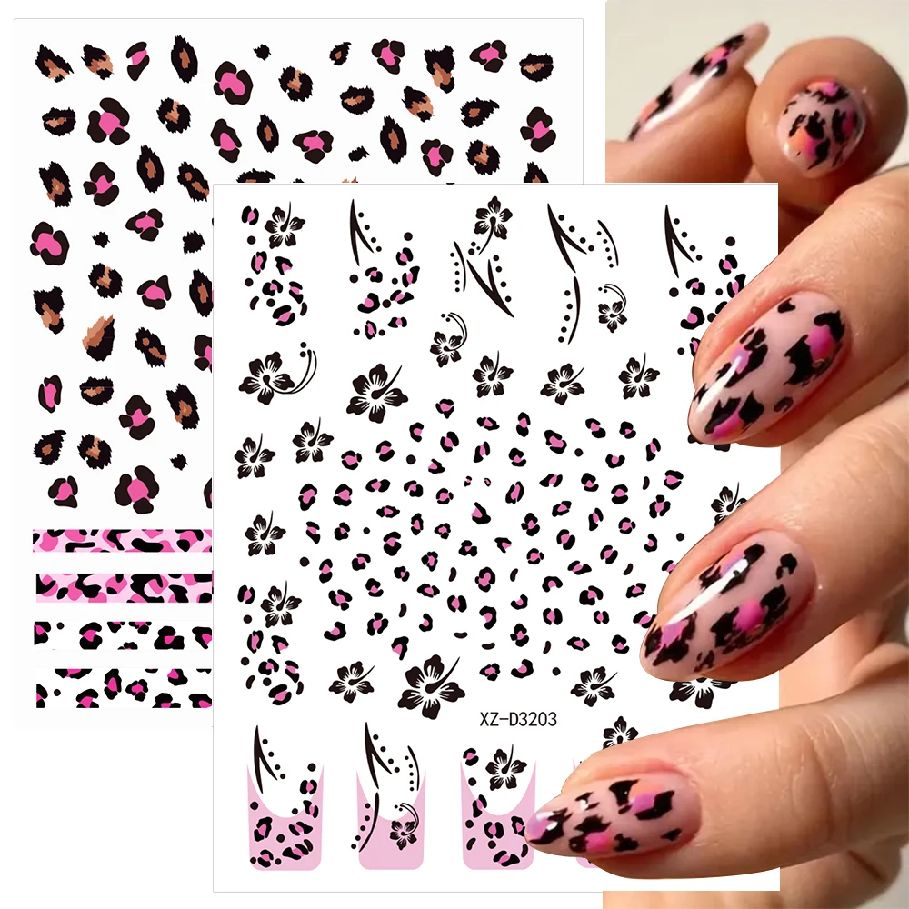 

1pcs 3D Pink Leopard Bow Nail Foil Sticker Sexy Fashion Black brown leopard Print Design Nail Decals Slider Spring Manicure Deco