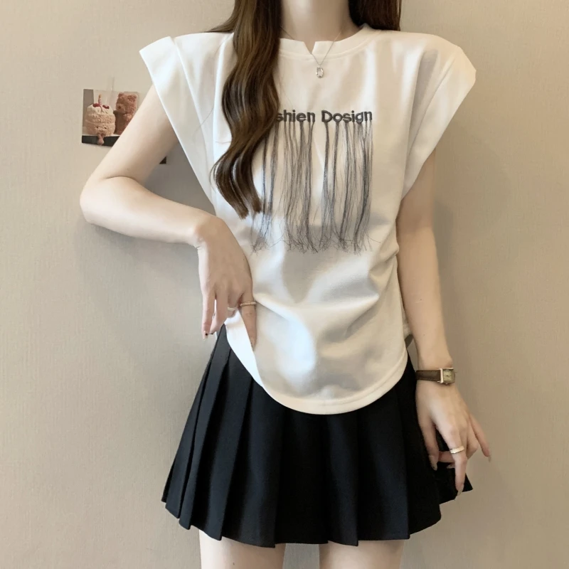 

Women's Trendy Letter Embroidery Tassels Ruched Cotton T-shirts 2024 Summer Casual Streetwear Y2K O Neck Chic Tops Ropa De Mujer