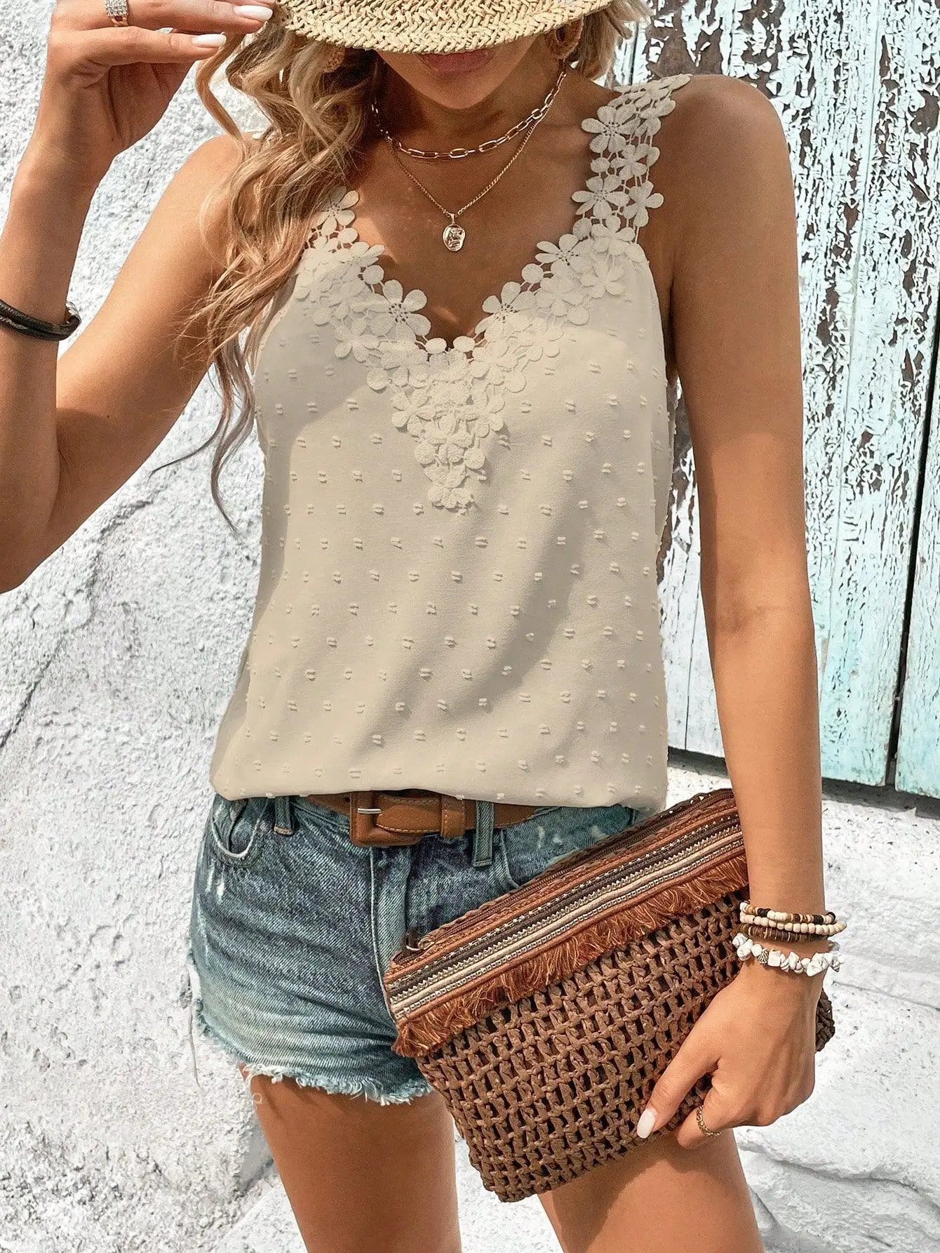 

Summer Floral Patchwork Sleeveless Tank Solid Color Casual Vacation Tops