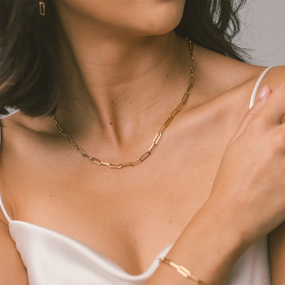 10PCS 2024 Hot Fashion Paperclip Link Chain Women Necklace Stainless Steel Gold Color Chain Necklace for Women Men Jewelry Gift