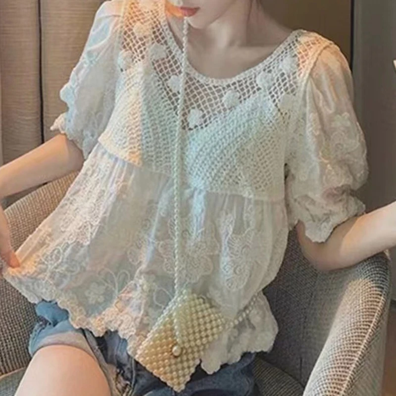 Womens Loose Casual Tops Neck Puff Sleeve T-Shirt Crochet Babydoll Blouses