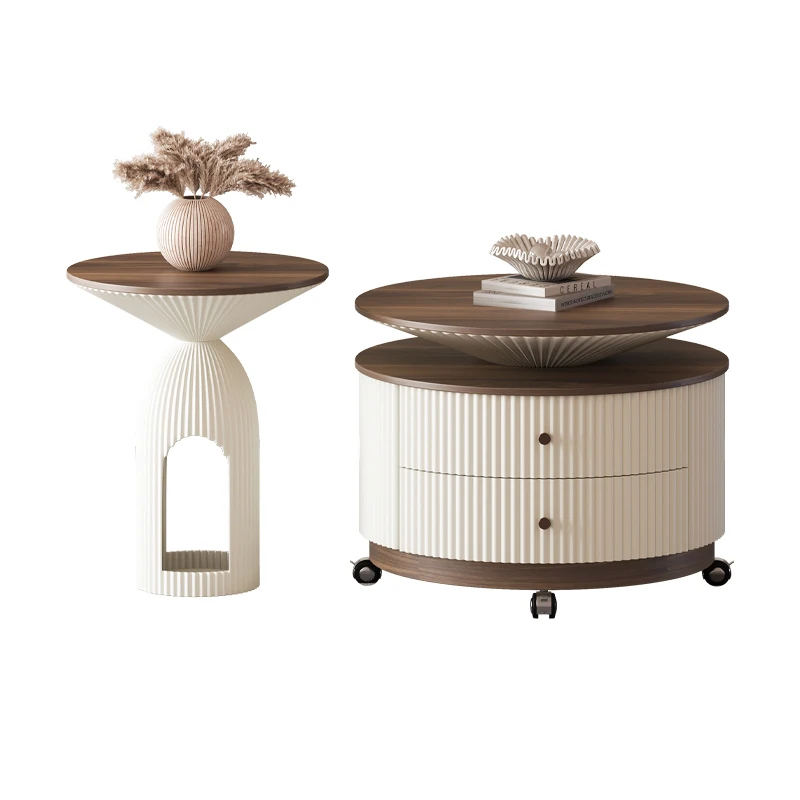 2025 new coffee table medieval living room household light luxury high-end small apartment cream wind movable round tea table