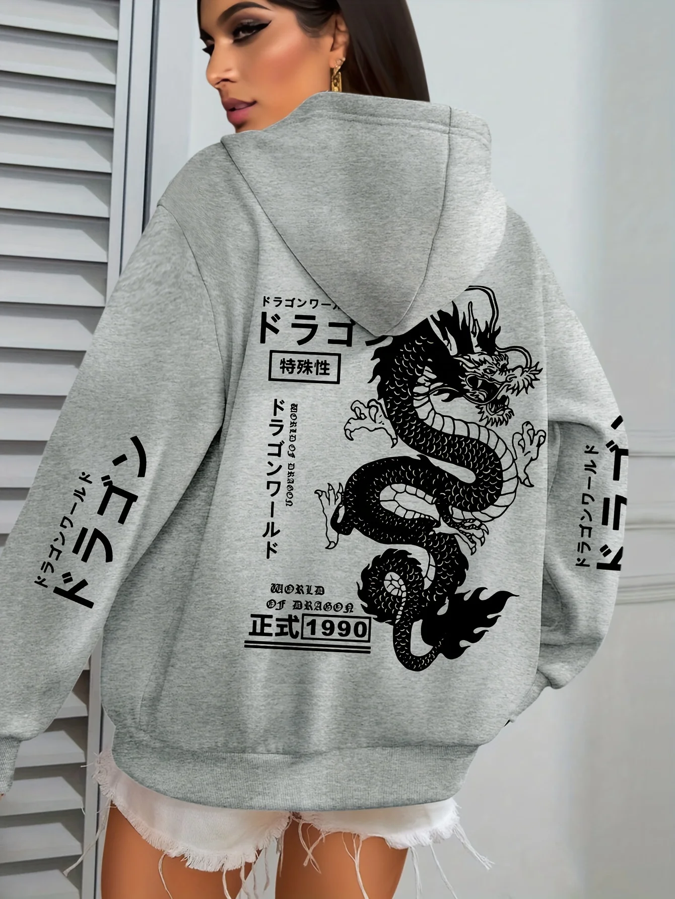 Japanischer Drachen-Grafik-Hoodie für Damen, Streetwear, Rücken- und Ärmel-Print, Kapuzenpullover, lässiger, lockerer, übergroßer Pullover-Hoodie – Detail 12