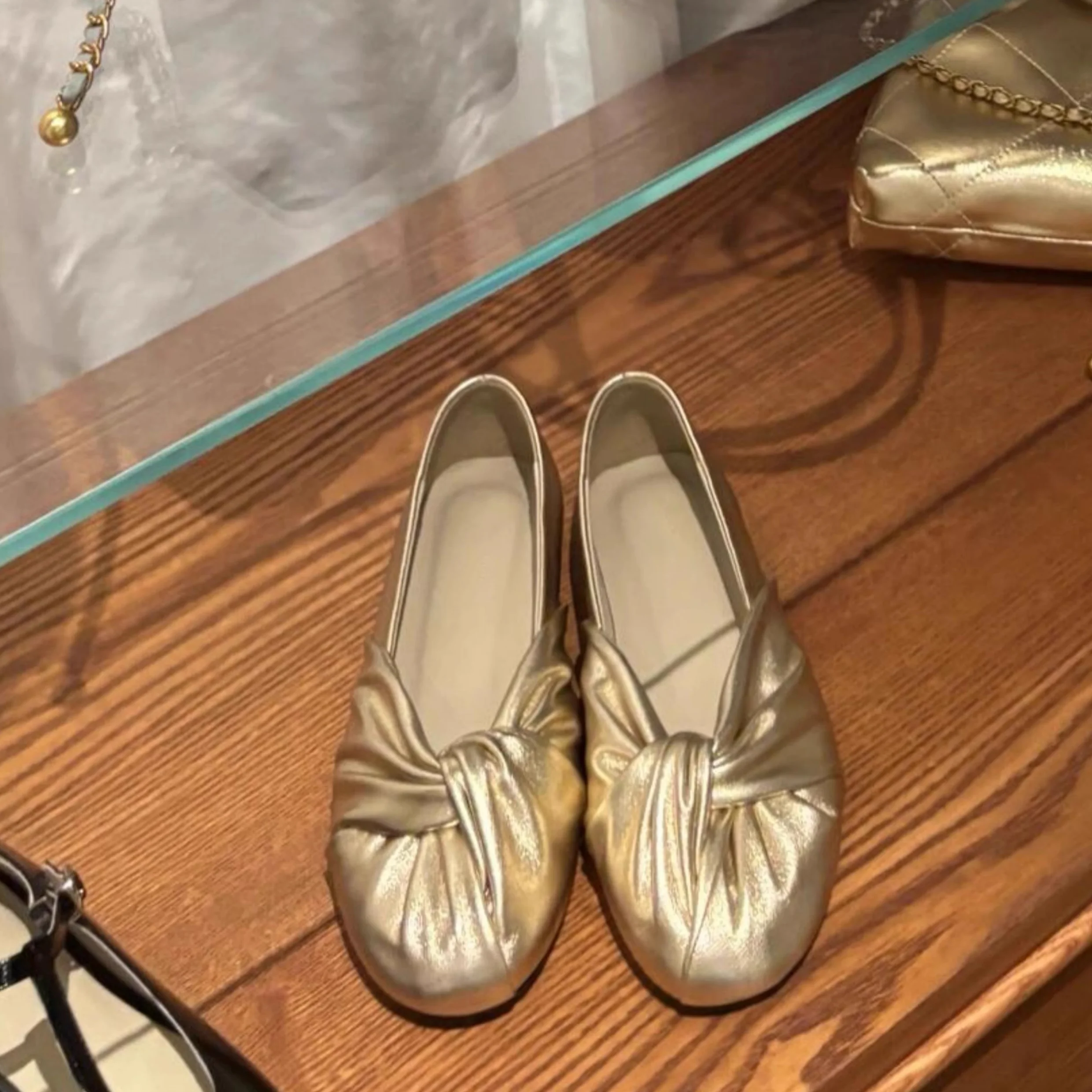 

2025 Spring New Gold Women's Ballet Mary Jane Shoes Round Toe Flats Ruffles Retro Daily Office Ladies Shallow Single Shoes