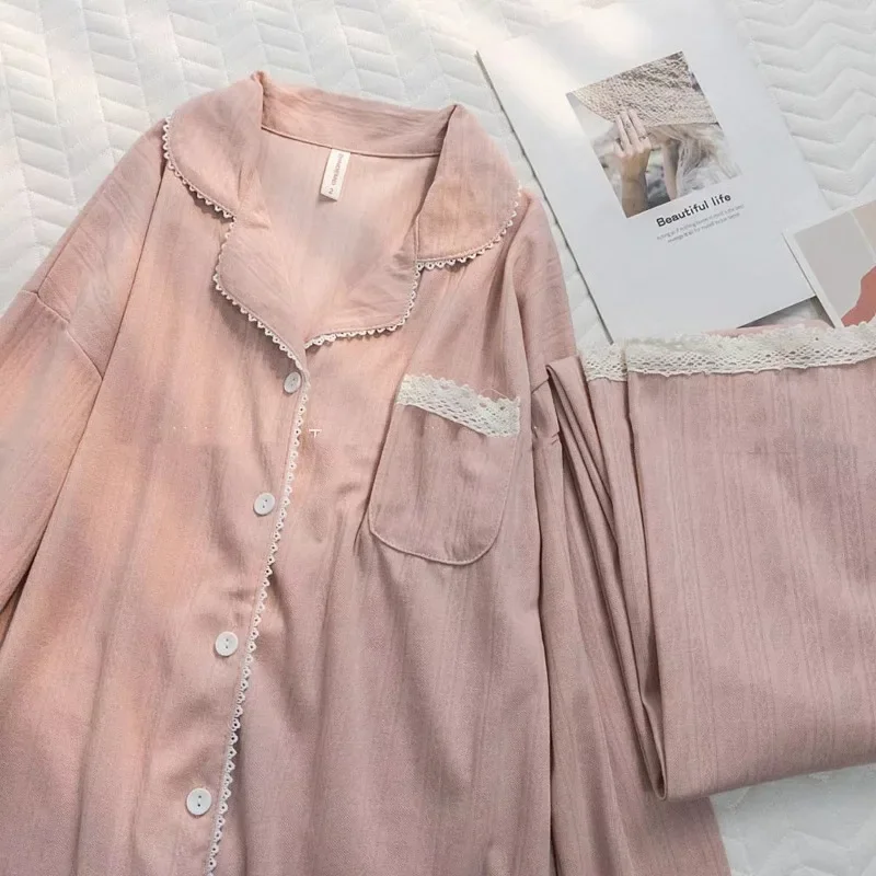 Pink Pajama Sets Women Sweet Lace Schoolgirls Turn-down Sleepwear Korean Style Autumn Simple Comfortable Home Youth Nightwear