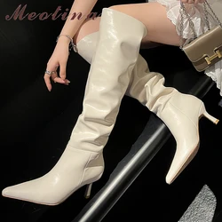 Meotina Women Genuine Leather Over-the-Knee Boots Pointed Toe Thin High Heels Pleated Long Boot Lady Fashion Shoes Autumn Winter