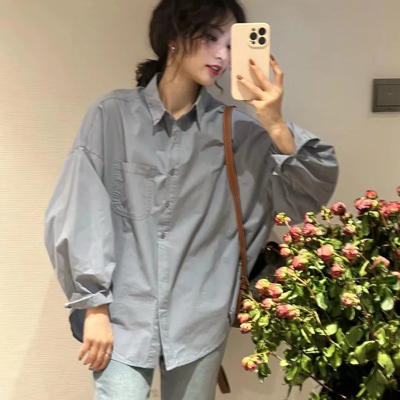 Rimocy Women's Shirt Korean Style Solid Color Long Sleeve Blouse Women Fashion Turn Down Collar Single Breasted Simple Shirts