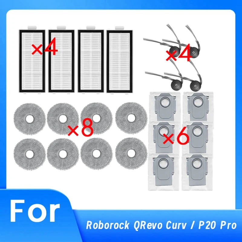 22 Pcs For Roborock Qrevo Curv / P20 Pro Sweeping Robot Side Brush Mop Filter Set