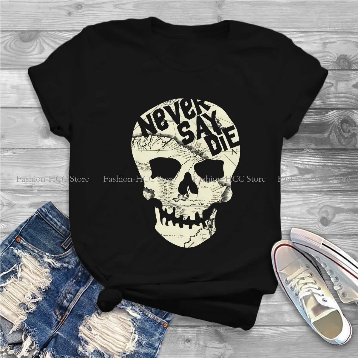 Never Say Die Art Hipster Polyester TShirts The Goonies Movie Women Harajuku Tops T Shirt Round Neck