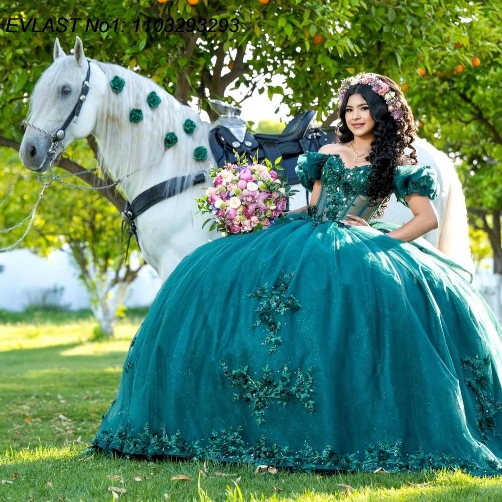 

EVLAST зеленое платье принцессы Quinceanera по индивидуальному заказу, бальное платье с кружевной цветочной аппликацией и бисером, Sweet 16, Vestidos De 15 Anos E1QN543