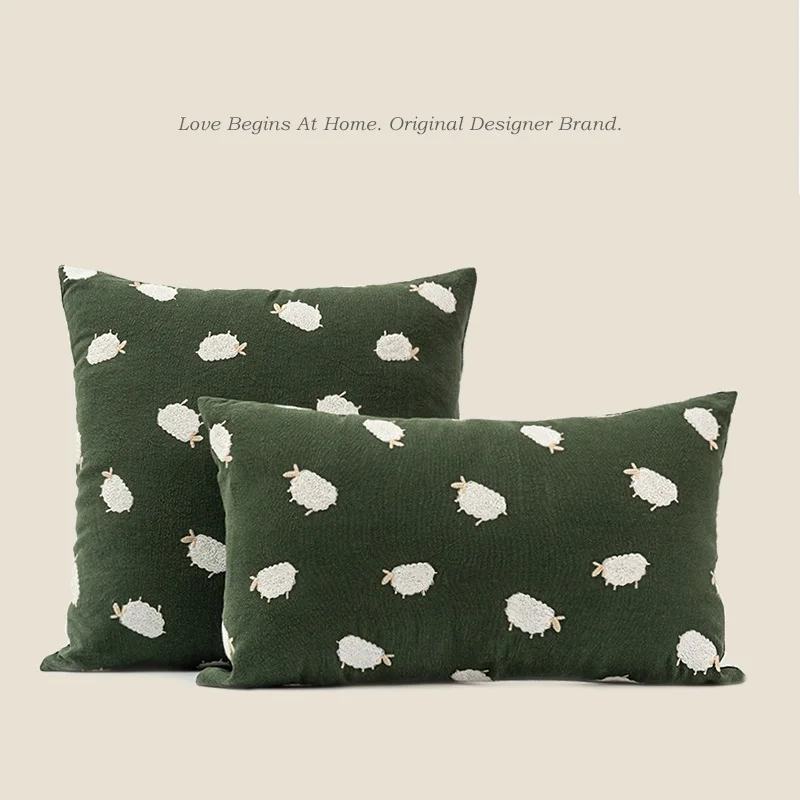 

INS cute girl green lamb throw pillow sofa bed on bedroom light luxury embroidered cushion