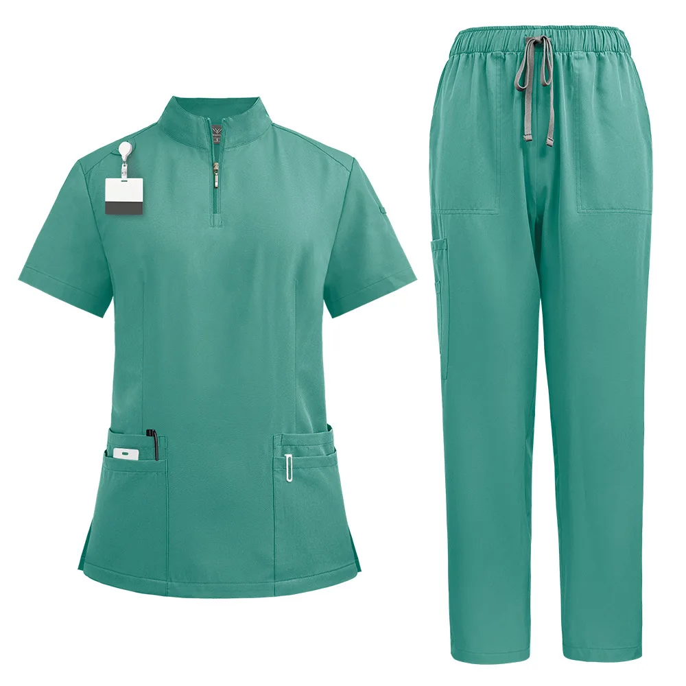 Women's Frosted Suit Hospital Work Nurse Accessories Casual Stand-up Collar Zipper Short-sleeved Medical Uniform Wholesale