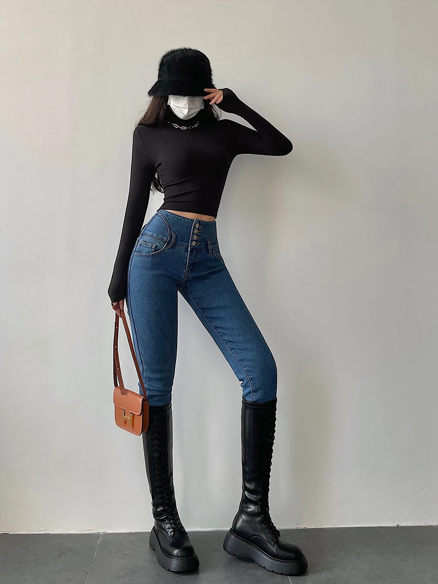 

Джинсы-карандаш с высокой талией на одной пуговице, облегающие, с эластичной вставкой, длинные брюки, женская мода, весна-осень-зима, высокая талия