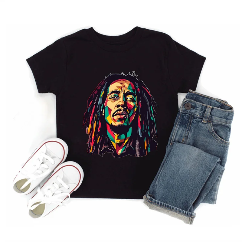 Jamaica Singer Bob Marley Reggae Rastafari Print Kids T shirt Baby Girls Clothes Summer Children Tops Cotton Black Boys T-shirts