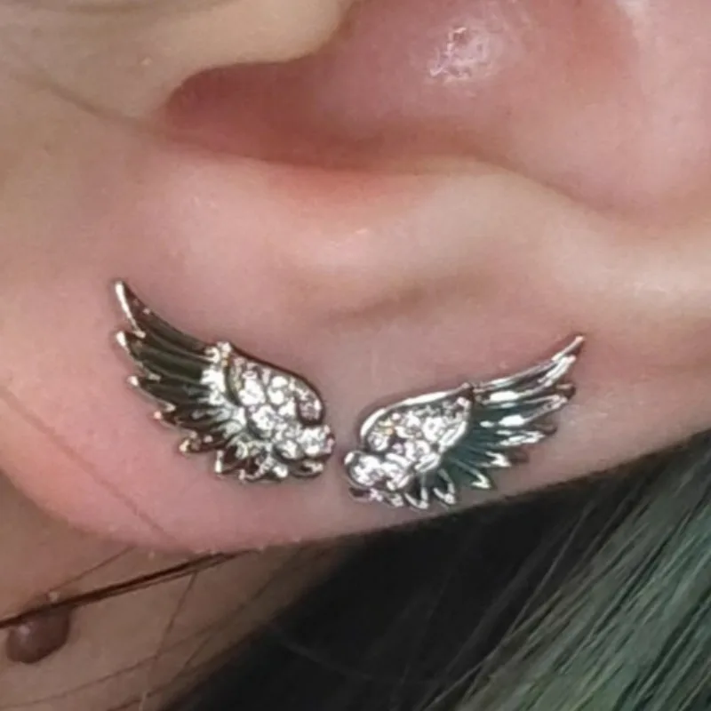 Women's 2pc Angel Wings Cross Stud Earrings, Gift for Her