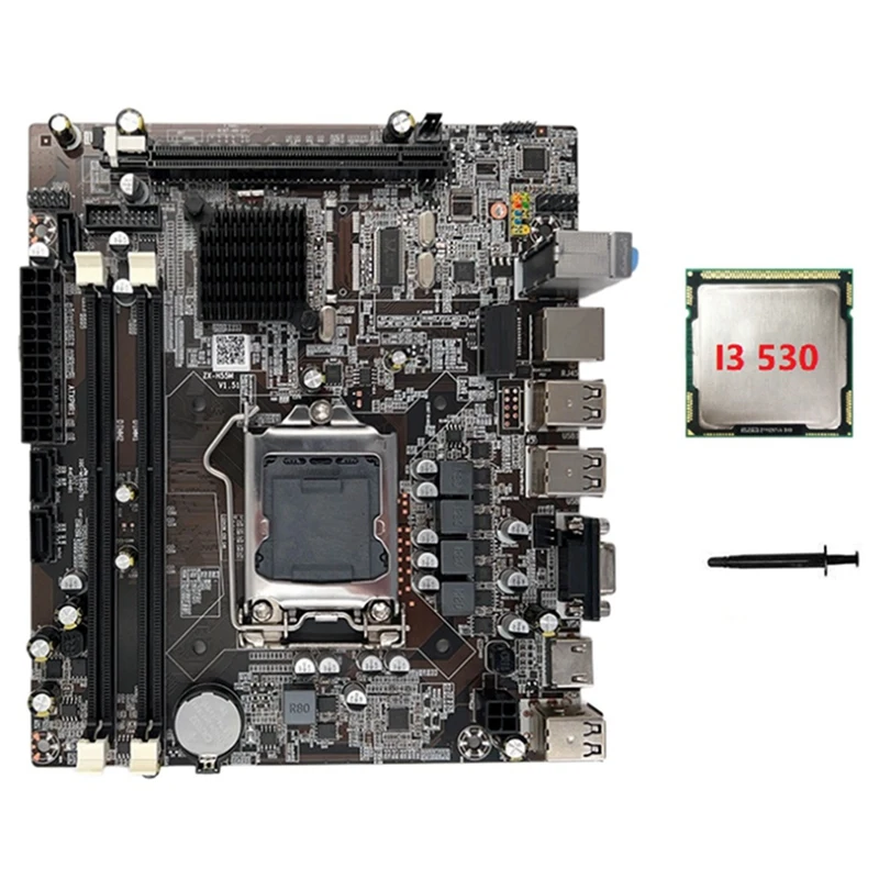 Placa base H55 LGA1156 compatible con CPU serie I3 530 I5 760, placa base de ordenador con memoria DDR3 + CPU I3 530 + grasa térmica