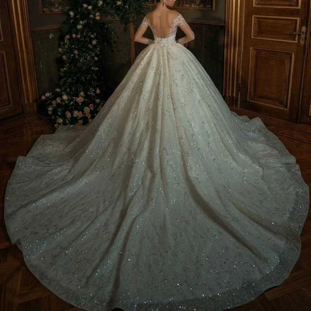 Gorgeous Ball Gown Wedding Dress Customized Sheer Neck Sequin Beaded Applique Long Sleeve Bridal Gown Princess Vestidos De Noiva