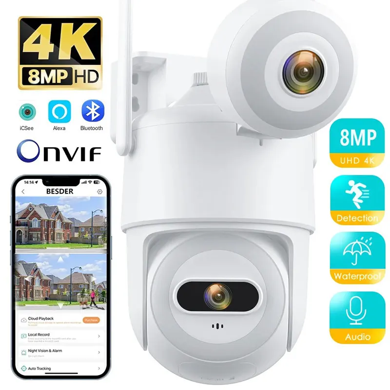 

8MP iCsee APP Bluetooth Dual Lens PTZ IP Dome Camera AI Humanoid Detection Full Color Home Security CCTV Monitor