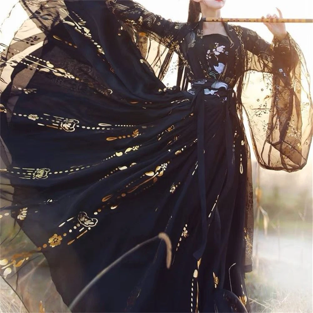 Vestido antigo bordado de guindaste preto feminino, hanfu chinês tradicional, fantasia de dança folclórica de palco, elegante